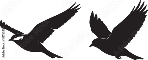 Two black silhouettes of birds in flight against a plain white background