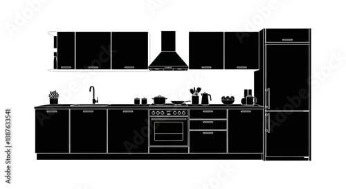 Modern Kitchen Silhouette Design With Appliances and Cabinets.