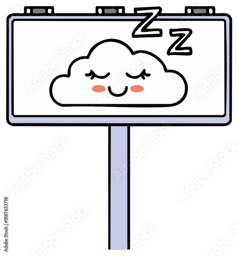Cute sleeping cloud with closed eyes and rosy cheeks on a billboard