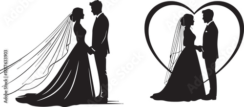 Elegant wedding couple silhouette with a heart shaped frame romantic scene