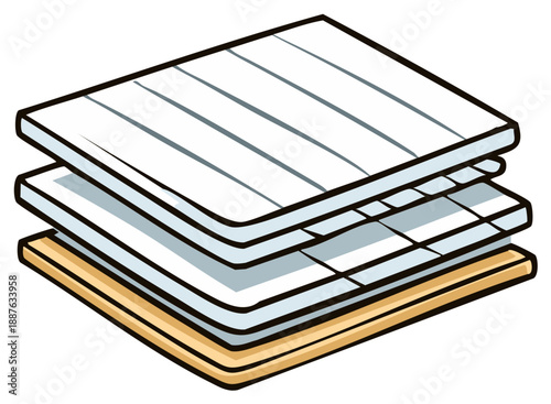 Cross-section illustration of a layered composite panel with a wood base and insulation layers.