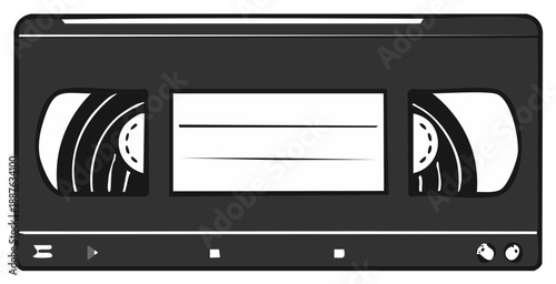 Black and white illustration of a classic retro VHS video cassette tape