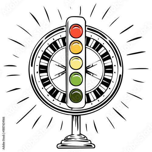 Traffic light with roulette wheel in sketch style illustration with rays