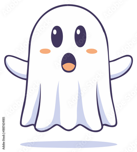 Cute cartoon ghost with surprised expression and open mouth floating happily