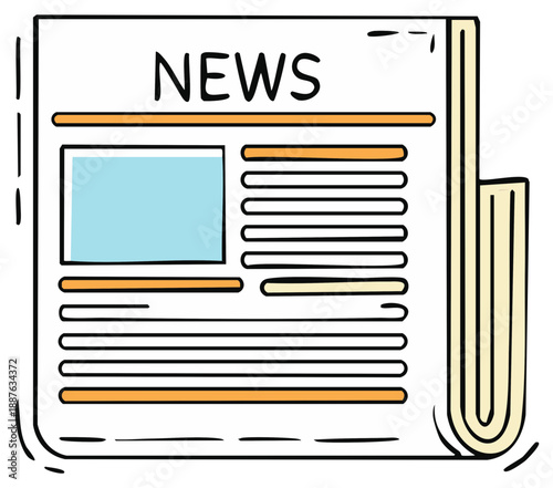 Folded Newspaper Illustration with Headline News and Orange Accents for Information Design or Print Media