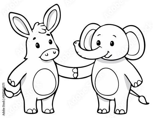 Cute cartoon donkey and elephant shaking hands symbolizing political compromise and unity