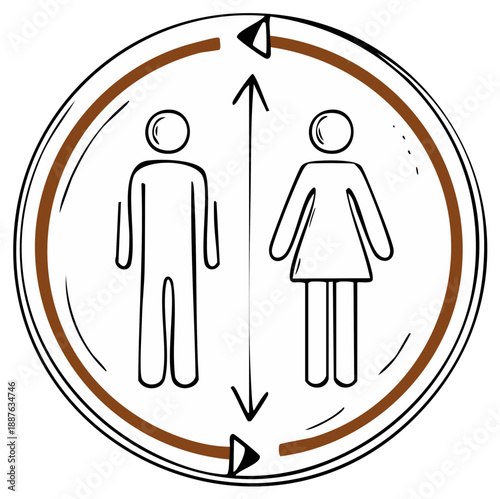 Height Difference Comparison Circle Icon. Man Woman Standing Opposite Each Other. Arrows Indicating Differing Sizes