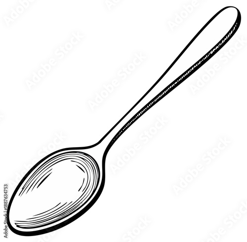 Monochrome Drawing of Teaspoon with Hatching Effects and Shadow Detailing