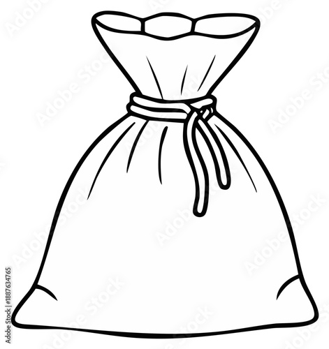 Cartoon Outline Illustration of a Full Sack or Bag Tied with a Rope and Cinched Top