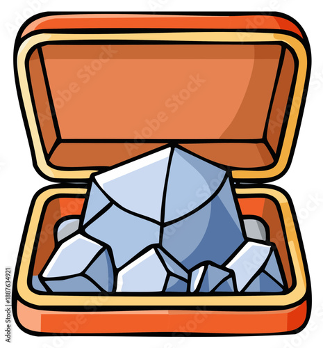 Cartoon treasure chest opened with blue gemstone crystals inside
