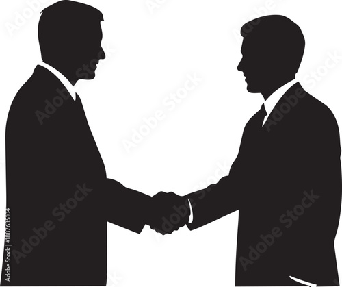 A silhouette of two businessmen shaking hands symbolizing a successful deal