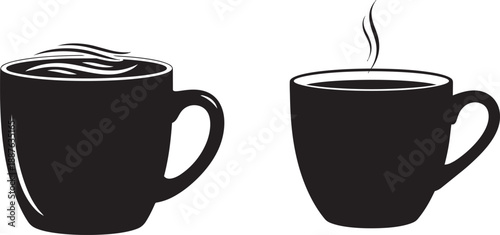 Two black coffee cups with steam one with frothy foam isolated vector illustration