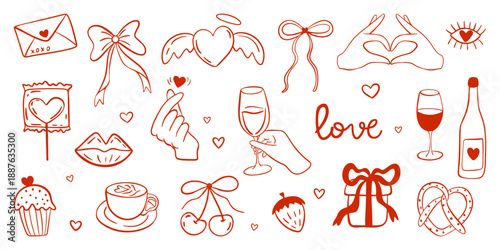 Romantic Hand drawn doodles for Love and Valentine's Day. Cute elements set with calligraphy. Ribbons, letter, gift, hearts, kiss. One line art vector illustrations.