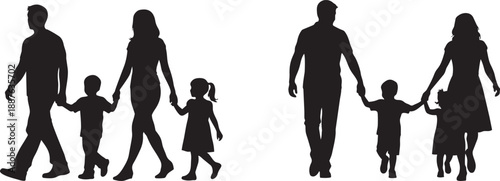 Silhouettes of two families walking hand in hand representing love and togetherness