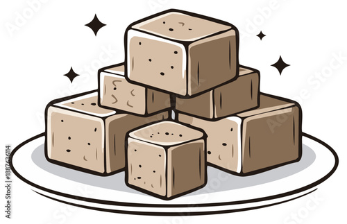 Delicious brown dessert squares piled on a white plate illustration