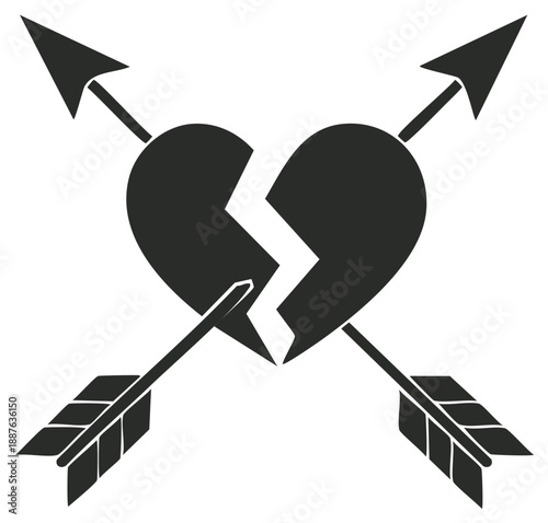 Black Silhouette of a Cracked Heart Pierced by Crossed Arrows
