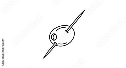 Simple line art drawing of a single pitted olive skewered on a toothpick isolated on a plain white background.