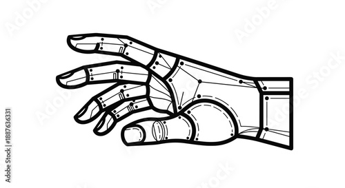 Intricate line art illustration of a robotic or cybernetic human hand showing many joints and technical details.