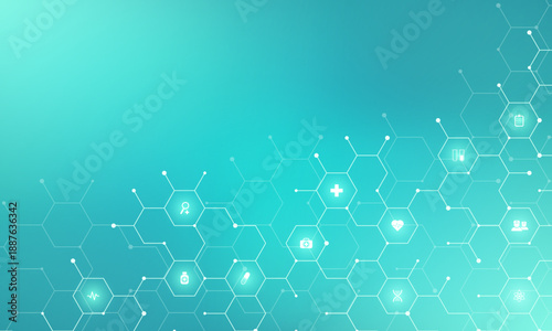 Medical background and healthcare technology with flat icons and symbols. Concept and idea for health care business, innovation medicine, health safety, science, medical research, and development.