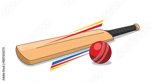Wooden cricket bat and a red leather cricket ball with motion lines suggesting speed and action on a white background.