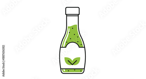 Stylized bottle of green herb sauce or dressing with a leaf logo on the front printed label and a white screw cap.
