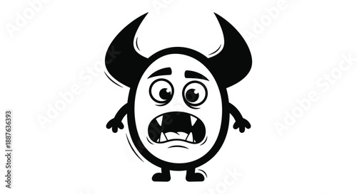 Black and white cartoon monster character with large horns, big eyes, and an open fanged mouth looking surprised.