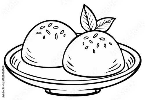 Line art illustration of two round pastries topped with sesame seeds and mint leaves on a plate