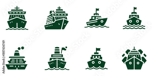 Set of 8 Dark Green Ship and Boat Vector Icons