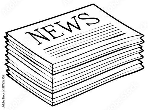 Stack of Papers with News Heading in Black and White Line Drawing Style