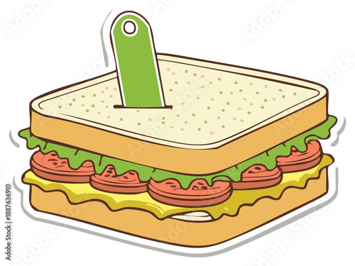 Cartoon sandwich with tomatoes, lettuce, cheese, and toothpick