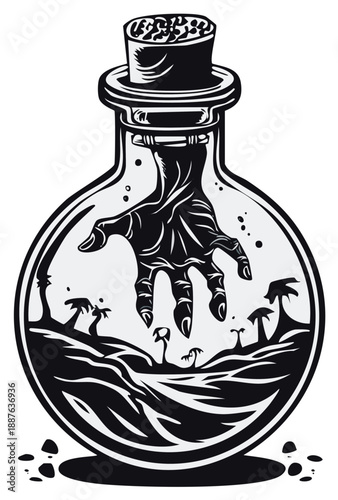 Undead Hand Reaching From a Spooky Island Potion Bottle