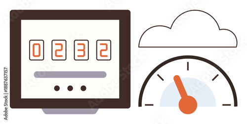 Cloud technology, data metrics, performance analysis, system monitoring, digital resources, internet efficiency. A screen with numbers, cloud icon and speed gauge. Cloud technology and data metrics
