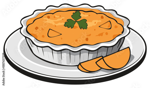 Fresh homemade quiche with carrot slices and parsley garnish in a fluted dish on a plain white plate