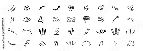 Expressions movement simple set doodle hand drawn. Comic speed lines, manga effect motion. Expression shapes, anime for character emotion.
