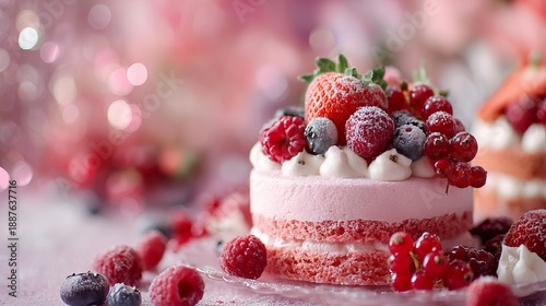 Elegant cake and desserts with fresh berries and cream bokeh
