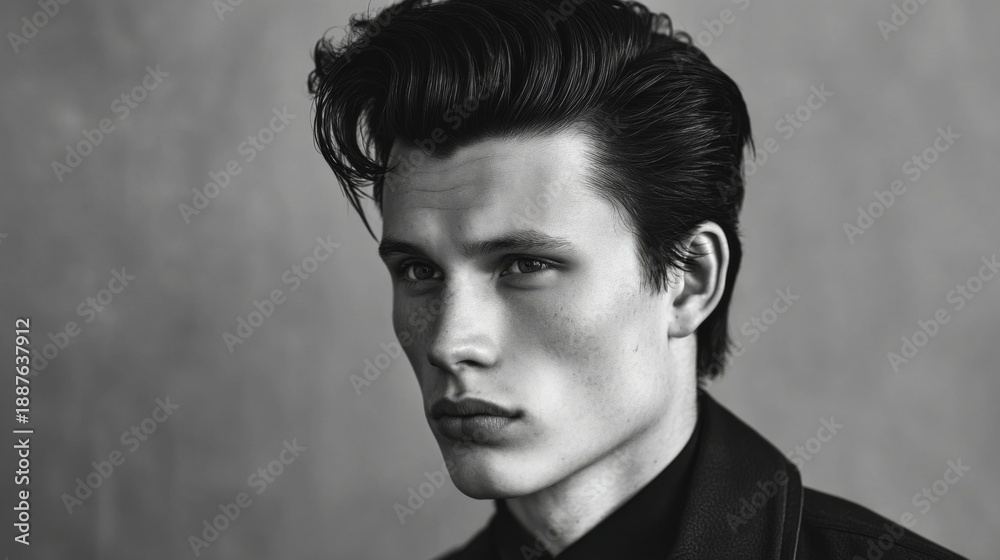 Obraz premium Young man with stylish hair and strong facial features in monochrome portrait showcasing modern beauty and striking intensity against neutral background