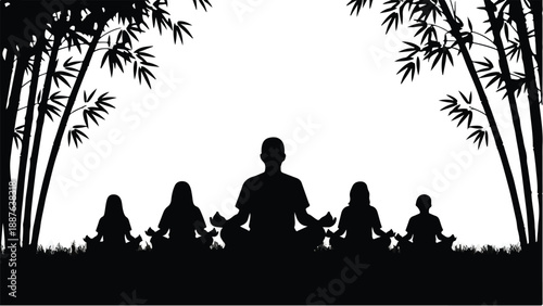 Silhouetted group meditating peacefully amidst serene bamboo forest at dawn.