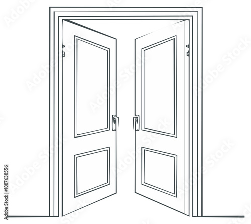 Open double doors line art illustration representing an entrance and a new opportunity