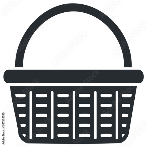 Black outlined picnic basket illustration, with a handle, woven design, and storage container