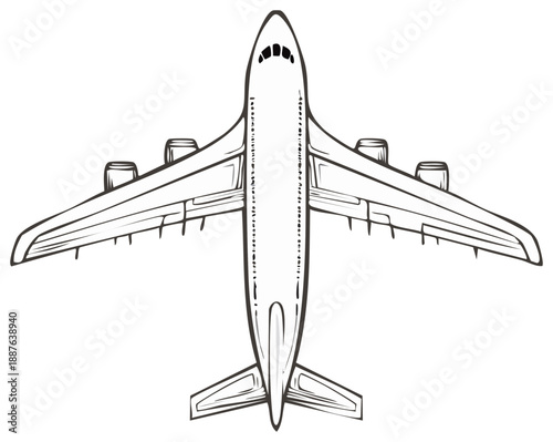 Overhead outline illustration of a commercial passenger jet airplane symbolizing global air travel.