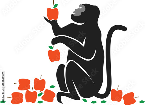 Curious Monkey with Apples in Minimalist Style