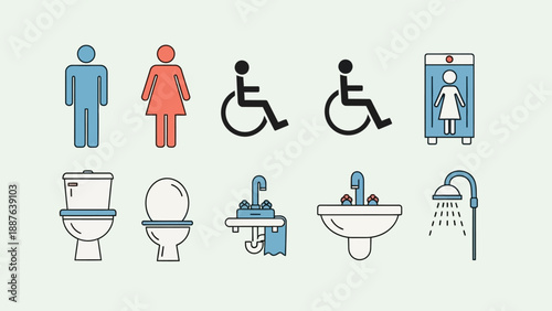 Collection of bathroom icons including male female disabled and shower symbols.