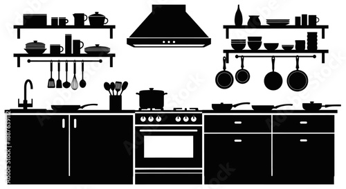 Kitchen interior silhouette with stove cabinets and utensils.