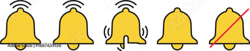 Notification bell icon set showing alert states ringing muted and click interaction vector illustration isolated on white background