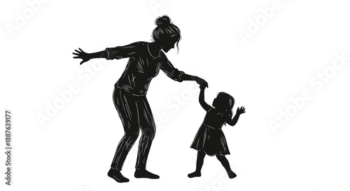 Mother and child silhouette dancing together happily.