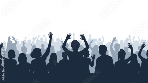 Crowd of people with hands raised in celebration.