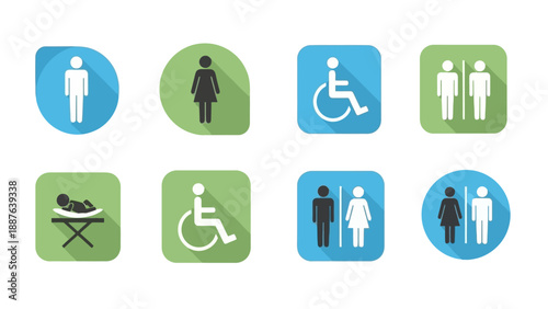 Collection of restroom signs and symbols for men women and disabled people.