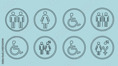 Collection of restroom signs including male female and disabled icons.