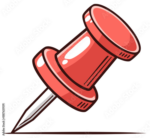 Red cartoon pushpin isolated, bulletin board pin for marking places or points, isolated
