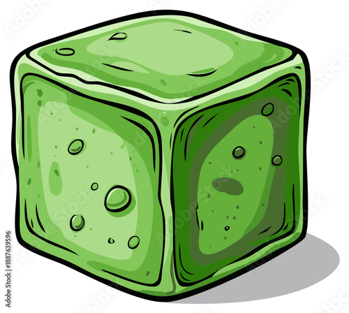 Green jelly cube or gelatinous slime monster cartoon vector illustration